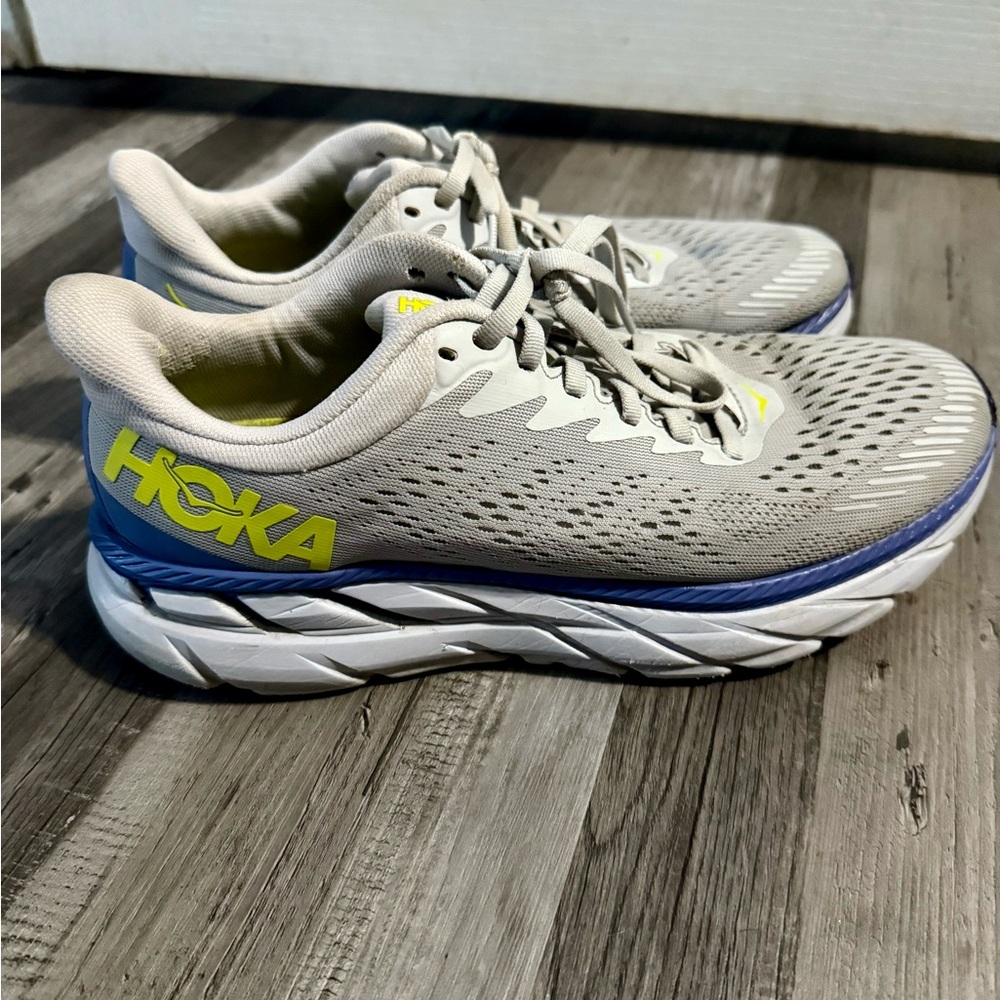 Hoka Women's Sneakers in Gray and Blue with Yellow Accents